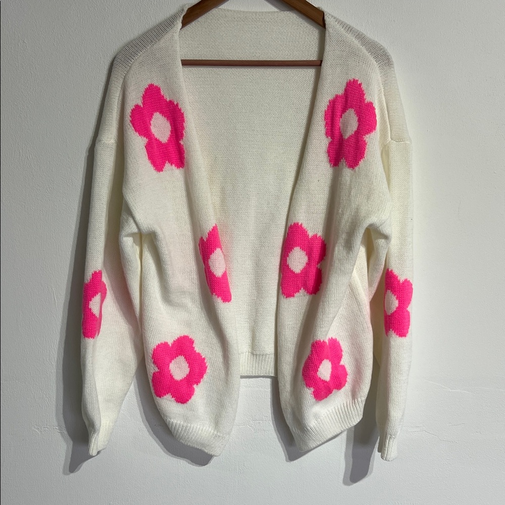 80s Vibe Off White and Neon Pink Women's Sweater